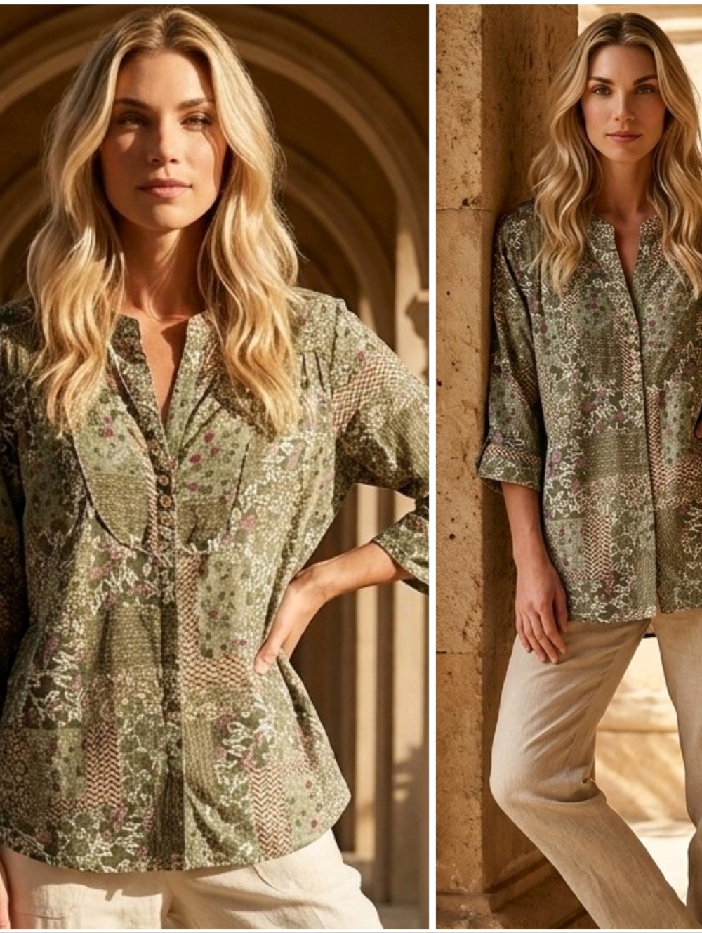 IB Diffusion Vintage 90s Women's Patchwork Button Up Tunic Top XL Natural Cotton